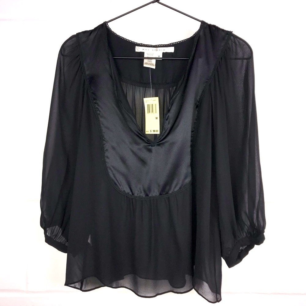 Max Studio 100% Silk Sheer Dressy Black Blouse.
 SZ M NWT/NEW Very Feminine. 🌹